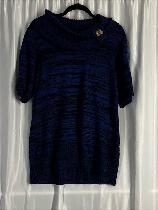 Sweaters - Navy Short-Sleeve Cowl Neck Sweater with Button Detail